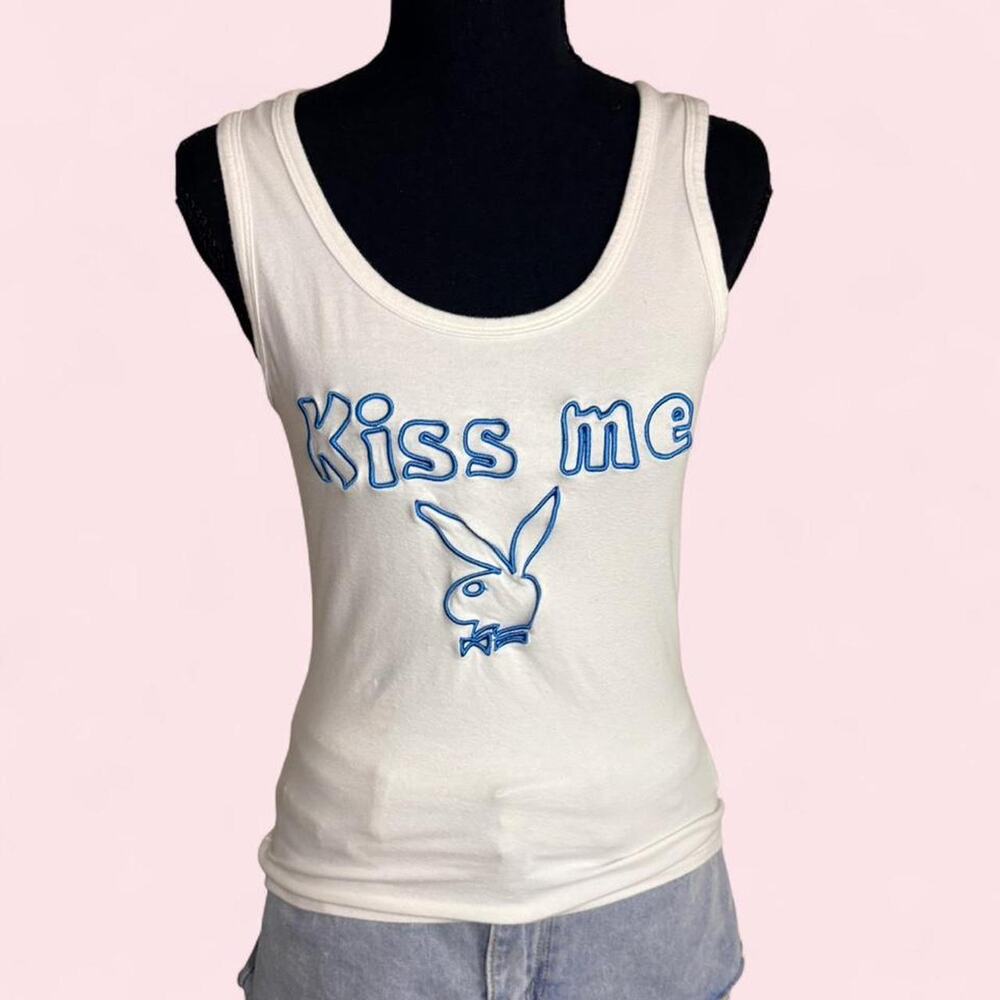 White Playboy Size Large tank top with blue “kiss me” graphic Y2k mcbling